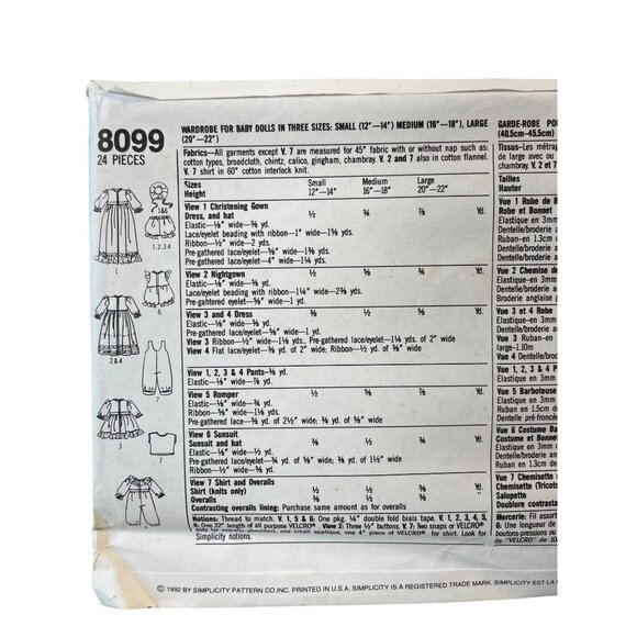 Simplicity 8099 Baby Doll Wardrobe Sewing Pattern 24 Pieces Size S-L Clothing - Picture 2 of 2